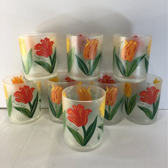 Vtg Precisioncraft Drinking Glasses Frosted Acrylic Parrot Tulip Design Set of 8 - Picture 1 of 14